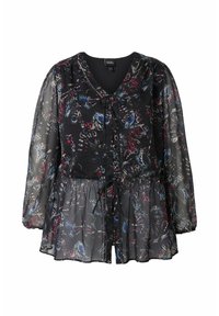 Černá průhledná halenka s květinovým vzorem v modré, červené a bílé barvě. Má výstřih do V, dlouhé nafouklé rukávy, stahovací pas a zapínání na knoflíky na přední straně.