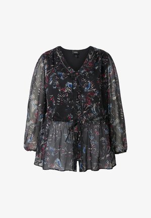 Černá průhledná halenka s květinovým vzorem v modré, červené a bílé barvě. Má výstřih do V, dlouhé nafouklé rukávy, stahovací pas a zapínání na knoflíky na přední straně.