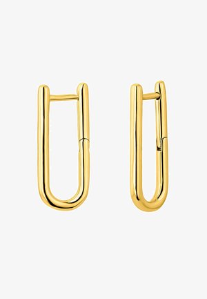 Pendientes de metal en tono dorado con forma rectangular y alargada, presentan una superficie lisa y pulida con un diseño minimalista.