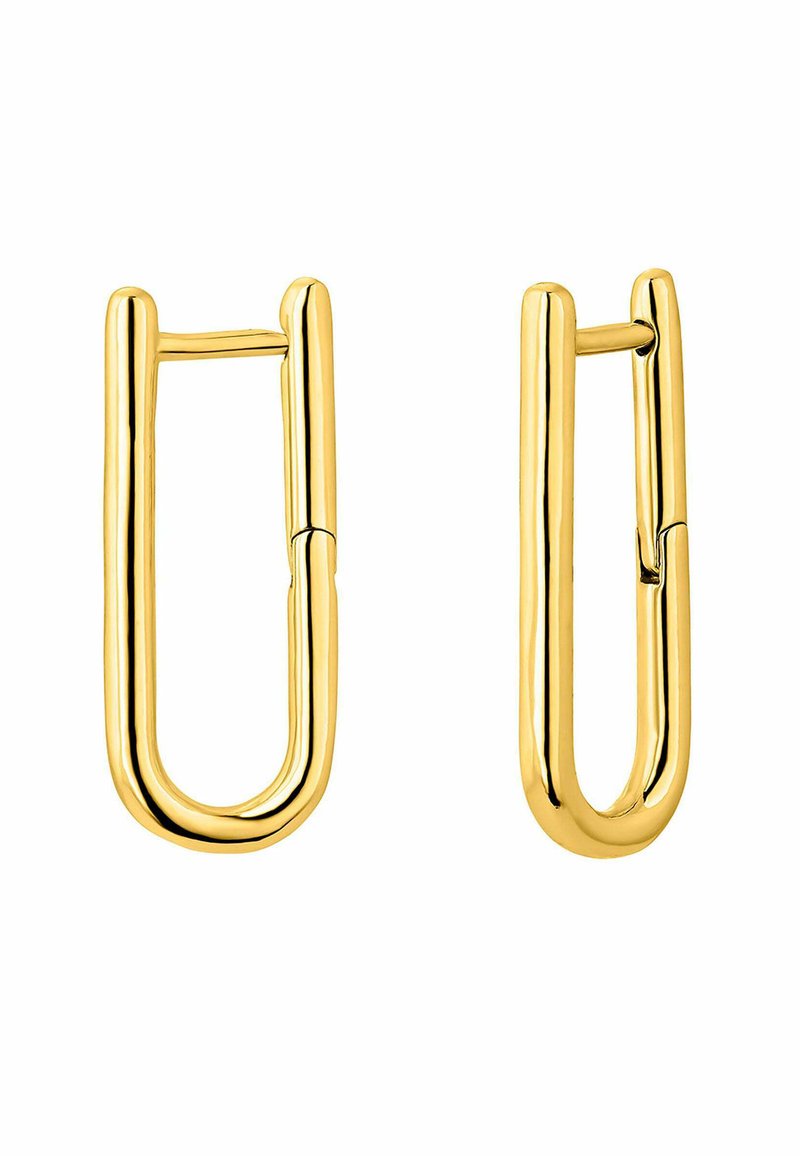 Pendientes de metal en tono dorado con forma rectangular y alargada, presentan una superficie lisa y pulida con un diseño minimalista.