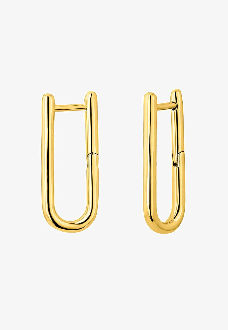 Pendientes de metal en tono dorado con forma rectangular y alargada, presentan una superficie lisa y pulida con un diseño minimalista.