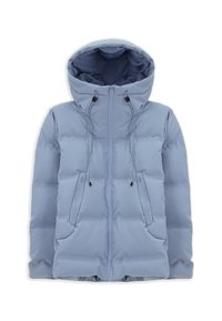 Jasnoniebieska kurtka puchowa z kapturem, z zamykanymi kieszeniami i sznurkami do regulacji. Gładka faktura i wyściełany design.