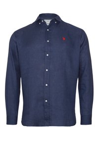 Marineblauwe linnen overhemd met lange mouwen, button-down kraag, voorkant met knoopsluiting en klein rood geborduurd logo op de borst.