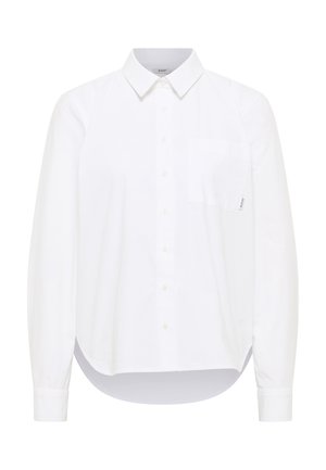 Weißes Hemd aus Baumwolle, mit einem geraden Kragen, langen Ärmeln und einer einzelnen Brusttasche. Glatte Textur mit abgerundetem Saum.