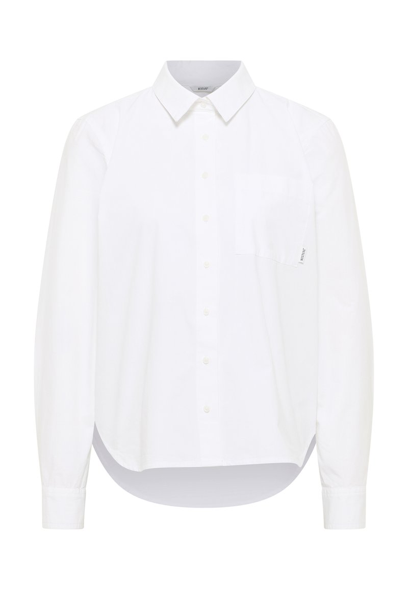 White button-up shirt made of cotton, featuring a straight collar, long sleeves, and a single chest pocket. Smooth texture with rounded hem.