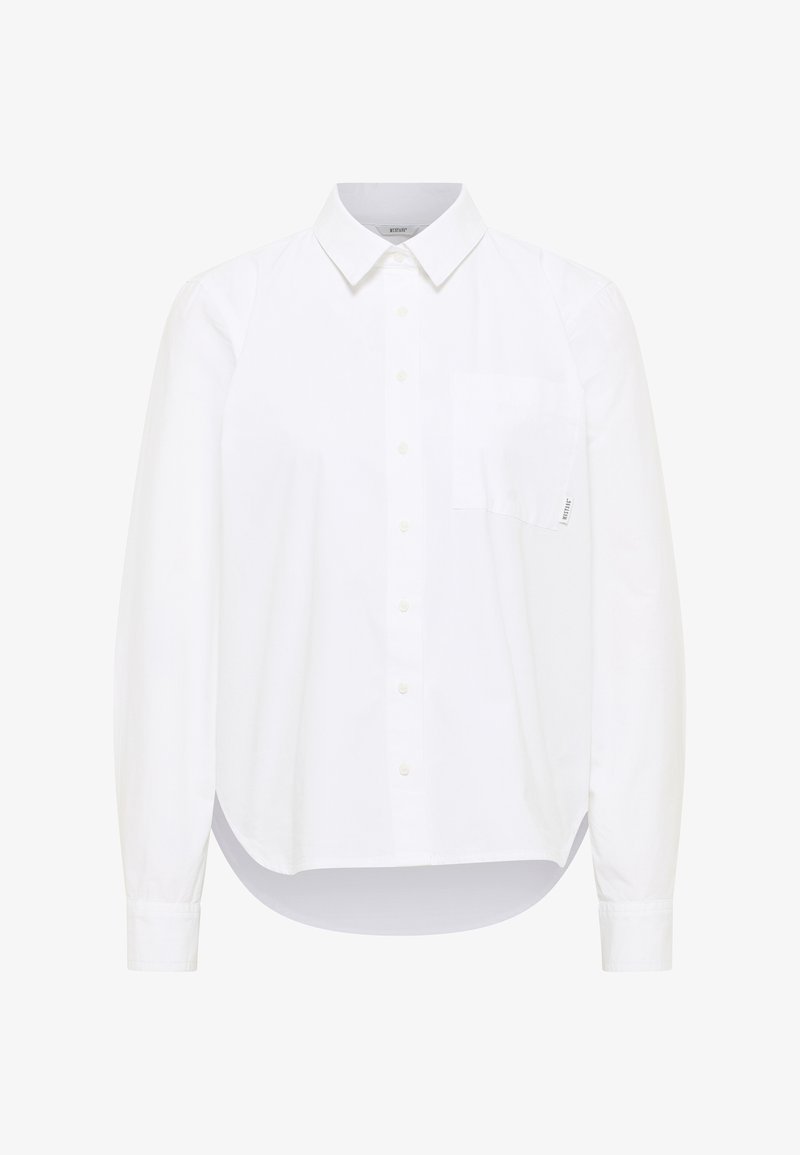 White button-up shirt made of cotton, featuring a straight collar, long sleeves, and a single chest pocket. Smooth texture with rounded hem.