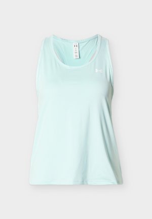 Débardeur de sport sans manches bleu clair avec encolure ronde et petit logo blanc Under Armour sur la poitrine.