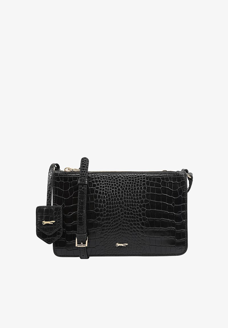 Zwarte leren handtas met een krokodilstructuur, geprofileerd patroon, ritsluiting, verstelbare schouderband en een klein losmaakbaar label. Gouden hardware accenten.
