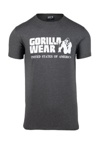 Grau Baumwoll-T-Shirt mit kurzen Ärmeln. Mit weißem Text "GORILLA WEAR" und "VEREINIGTE STAATEN VON AMERIKA" sowie einem Gorilla-Graphic.