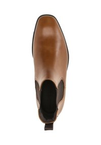 Stivale alla caviglia in pelle marrone con un design elegante, pannelli laterali elasticizzati e una linguetta. La suola è nera con un leggero tacco.