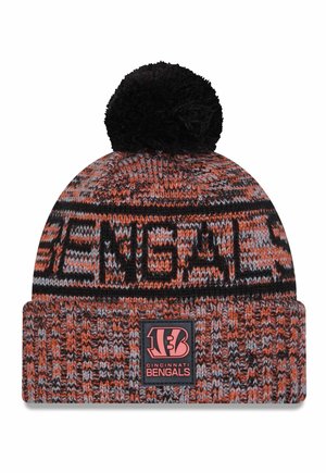 Knitted beanie featuring a multi-colored pattern in orange, gray, and black, with a black pom-pom and "BENGALS" text on the front.