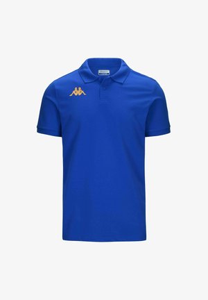 Polo blu in cotone, con maniche corte, colletto e logo Kappa arancione ricamato sul petto.