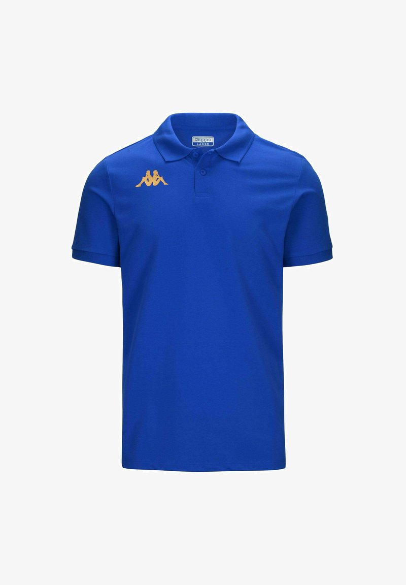 Polo bleu en coton, à manches courtes, avec un col et un logo Kappa orange brodé sur la poitrine.