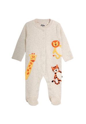 Béžové detské body so zapínaním na cvoky, s farebnými aplikáciami žirafy, leva a tigra na prednej strane.
