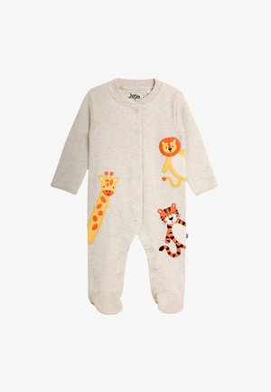 Body beige pour bébé avec boutons-pression, orné d’appliques colorées de girafe, lion et tigre à l’avant.