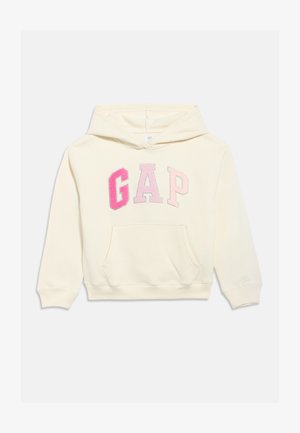 Felpa con cappuccio color crema con tasca frontale e logo "GAP" ricamato a rilievo in rosa e viola. Tessuto morbido e casual.