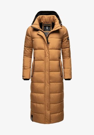 Long, warm, puffer coat in a light brown color with a removable hood, visible stitching, two side pockets, and contrasting black accents.