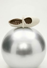 Ballerine beige avec lacets noués reposant sur une sphère argentée réfléchissante sur un fond blanc uni.