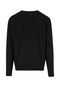 Schwarzer Pullover mit einem strukturierten Strickdesign im oberen Bereich und glattem unteren Abschnitt. Verfügt über lange Ärmel sowie gerippte Bündchen und Saum.