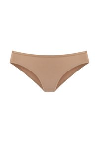 Beige Bikini-Unterteil aus glattem, dehnbarem Material. Es hat einen mittelhohen Schnitt und ein schmales Bündchen, das auf Komfort und Passform ausgelegt ist. Schlichtes und nahtloses Design.