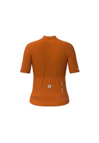 Korte mouwen fietsjersey in oranje, gemaakt van textuurstof. Beschikt over een achterzak en een hoge kraagontwerp. Lichtgewicht en nauwsluitend.