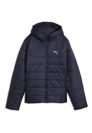 Doudoune à capuche bleu foncé avec fermeture éclair devant, deux poches zippées et logo Puma blanc sur la poitrine gauche.