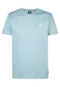 Light blue short-sleeve t-shirt in a soft, textured fabric with a subtle heathered pattern and a small logo on the left chest area.