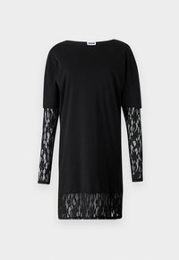 Zwarte tuniek met korte, effen mouwen en lange kanten mouwen. Kanten afwerking aan de onderkant past bij de details van de mouwen. Zacht materiaal, ontspannen pasvorm.