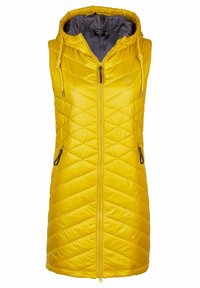 Mouwloze gele puffer vest met een capuchon, voorzien van een diagonale quiltstructuur, rits aan de voorkant en twee zijzakken met zwarte accenten.