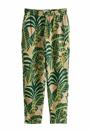 Konusuotos kelnės su elastine juosmens dalimi ir raišteliu, su žaliu ir smėlio spalvos tropinių lapų bei palmių medžių raštu.