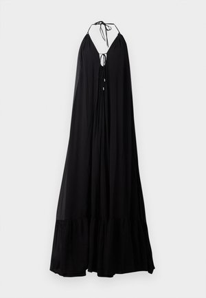 Černé maxi šaty s halter krkem, hlubokým V-výstřihem a zavazováním. Vyznačují se splývavým střihem a volánkovým lemem. Lehký materiál.