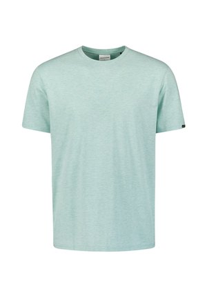 Lichtblauwe gemêleerde katoenen T-shirt met korte mouwen, ronde hals en een klein logo op de linkermouw. Klassiek fit ontwerp.