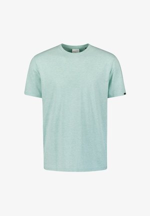 Lichtblauwe gemêleerde katoenen T-shirt met korte mouwen, ronde hals en een klein logo op de linkermouw. Klassiek fit ontwerp.