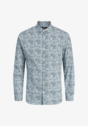Lange mouw button-up shirt in lichtblauw met een bloemenpatroon in marineblauw en wit. Heeft een klassieke kraag en een zachte katoenstructuur.