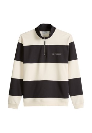 Pullover a maniche lunghe con righe orizzontali bianche e nere, collo con zip a quarti e logo "Marc O'Polo Denim" sul petto.