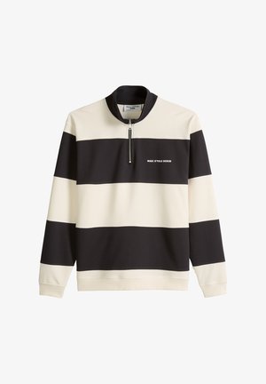 Bluza z długim rękawem w czarno-białe poziome paski, z kołnierzem na suwak do ćwiartki i logo "Marc O'Polo Denim" na piersi.