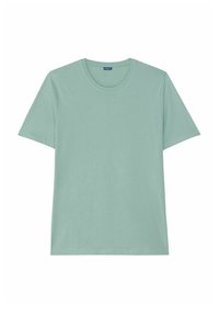 Tricou din bumbac verde deschis, cu guler rotund, mâneci scurte și croială relaxată. Textură netedă, fără modele sau accente vizibile.