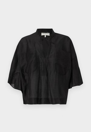 Black short-sleeve blouse made of lightweight fabric, featuring a mandarin collar, two front pockets, and a relaxed fit with a subtle sheen.