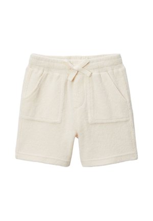 Shorts en éponge de couleur blanc cassé, dotés d'une taille élastique avec cordon de serrage, de deux poches avant et d'une finition douce et texturée.