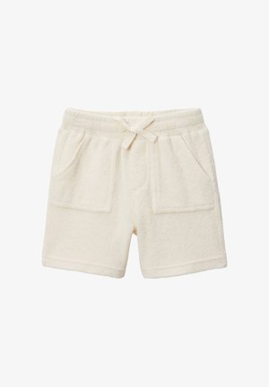 Shorts en éponge de couleur blanc cassé, dotés d'une taille élastique avec cordon de serrage, de deux poches avant et d'une finition douce et texturée.