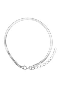 Sølvmetallarmbånd med et fleksibelt, glatt design. Har en krokklips og en justerbar kjede for størrelsesvariasjon.