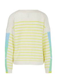 Knit sweater in white with yellow and green stripes. Blue and green patterned accents on sleeves. Round neckline with ribbed hem.