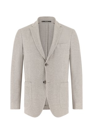 Jasnobeżowa teksturowana męska marynarka z klapami z wycięciem, dwoma guzikami, naszywanymi kieszeniami i kieszenią piersiową z patką, widoczna z przodu.