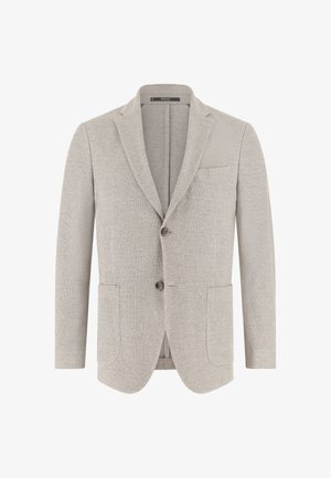 Lichtbeige textuur herenblazer met kerf revers, twee knopen, opgestikte zakken en een borstzak, frontaal weergegeven.