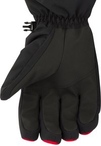 Černá rukavice s více prsty a červenými akcenty, disponující odolnou vnější vrstvou a těsným manžetovým zakončením pro optimální teplo a ochranu.
