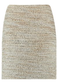 Minifalda de punto en tonos beige y gris con un patrón texturizado. Corte recto y silueta ajustada. Sin herrajes ni acentos visibles.