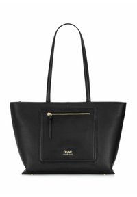 Czarna torba na ramię wykonana z teksturowanej skóry, z kieszenią na zamek błyskawiczny w kolorze złotym z przodu, podwójne rączki oraz usztywniony prostokątny kształt.