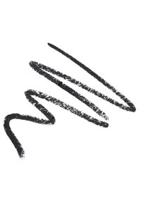 Segno di matita eyeliner nero su uno sfondo bianco, caratterizzato da una linea testurizzata e irregolare con spessore variabile e un bordo leggermente sfumato.
