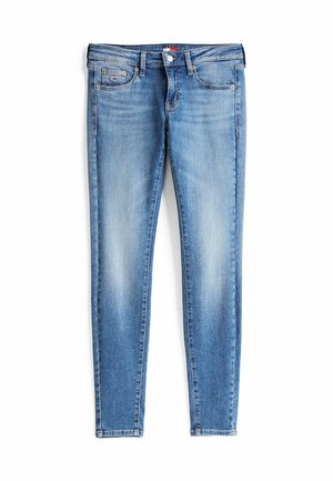 Jeans skinny in denim azzurro chiaro, con un classico design a cinque tasche, chiusura con zip e leggere sfumature lungo le gambe.