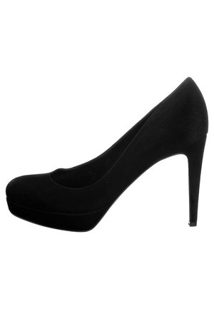 Zapato de tacón alto negro hecho de material suave, con punta redondeada, suela con plataforma y un elegante tacón de aguja.